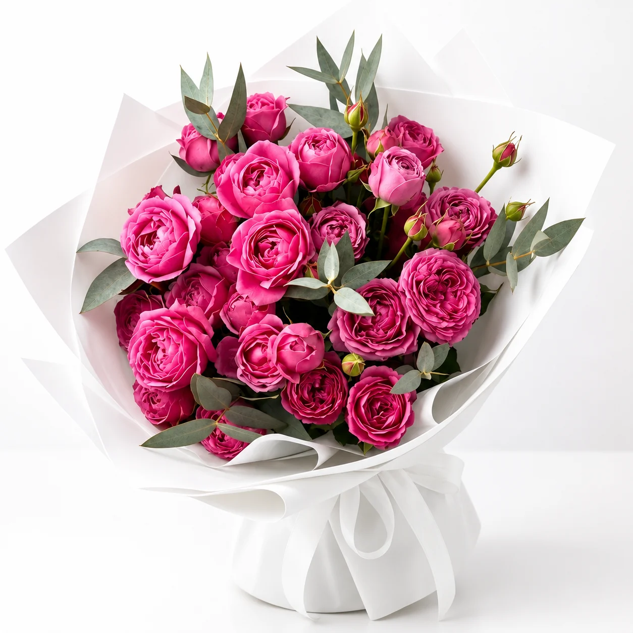 Fresh 7 pink peony roses in white wrapping hand-tied with premium floral paper and ribbon